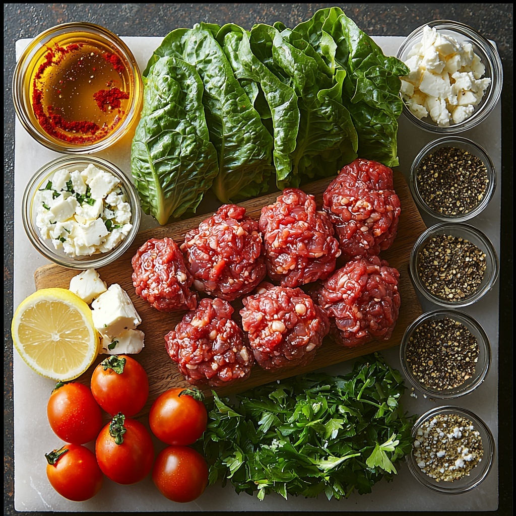 A clean white marble surface with the main ingredients of Mediterranean Ground Beef Lettuce Wraps artfully arranged for an overhead flat lay: a small glass bowl of golden olive oil gleaming under soft light, a mound of raw ground beef with rich red tones and marbled textures on a rustic wooden board, a small white dish with finely chopped translucent onion, a tiny bowl filled with minced garlic cloves, assorted small bowls containing vibrant red paprika powder, warm brown ground cumin, and dried green oregano, a small pile of coarse salt and cracked black pepper scattered lightly nearby, a clear bowl of juicy, glossy diced cherry tomatoes in bright red hues, a small heap of freshly chopped parsley leaves vibrant green and slightly crumbly, a small white ramekin of crumbly white feta cheese, a wedge of lemon with a bright yellow zest and visible juicy pulp, and large fresh butter lettuce or romaine leaves with crisp, pale green textures fanned out neatly. The composition balances warm tones of beef and spices with fresh greens and whites, styled with natural daylight to enhance textures and colors, minimal shadows, and subtle rustic props like a wooden spatula and linen napkin to add warmth and authenticity. Overhead shot, top down view, flat lay photography, professional food styling --ar 1:1 --q 2 --s 750 --v 6.1