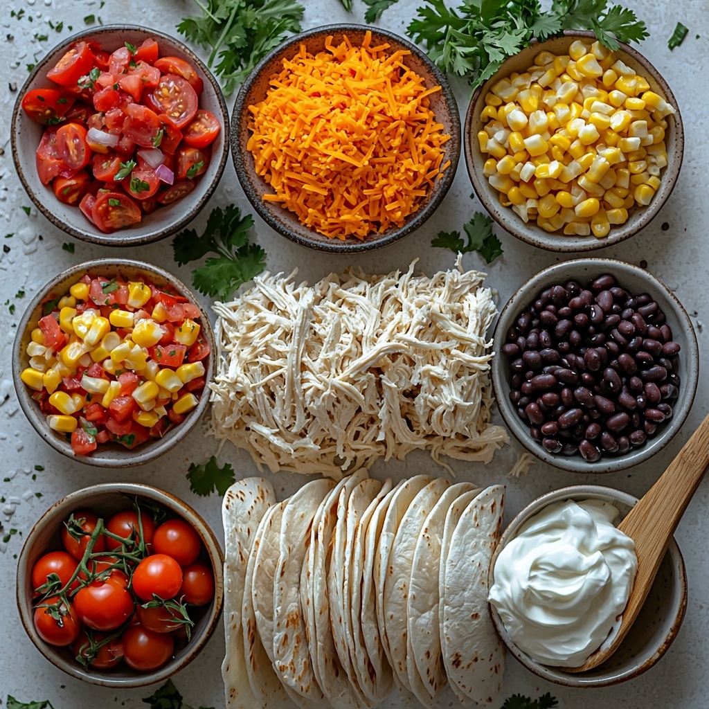 A vibrant flat lay of the main ingredients for Southwest chicken burritos arranged neatly on a clean white surface: a bowl of shredded rotisserie chicken with moist, tender texture; a smooth, soft block of cream cheese at room temperature; a small heap of sharp cheddar cheese shredded finely in bright orange hues; a small bowl of glossy black beans, drained and rinsed; a can of sweet corn kernels, bright yellow and plump in a small dish; a bowl of diced tomatoes, juicy and red, drained; a small wooden spoon resting in a pile of rich, deep red taco seasoning powder; fresh pico de gallo with vivid red tomatoes, green cilantro, and white onion mixed in a colorful bowl; a stack of soft, flour burrito-sized tortillas with slight flour dusting; and a small ramekin of sour cream with smooth, creamy texture for garnish. Ingredients are spaced evenly with natural lighting highlighting the vibrant colors and varied textures, minimalist white ceramic bowls and rustic wooden spoons, subtle shadows for depth, styled with green sprigs of cilantro and a clean, modern aesthetic. overhead shot, top down view, flat lay photography, professional food styling --ar 1:1 --q 2 --s 750 --v 6.1