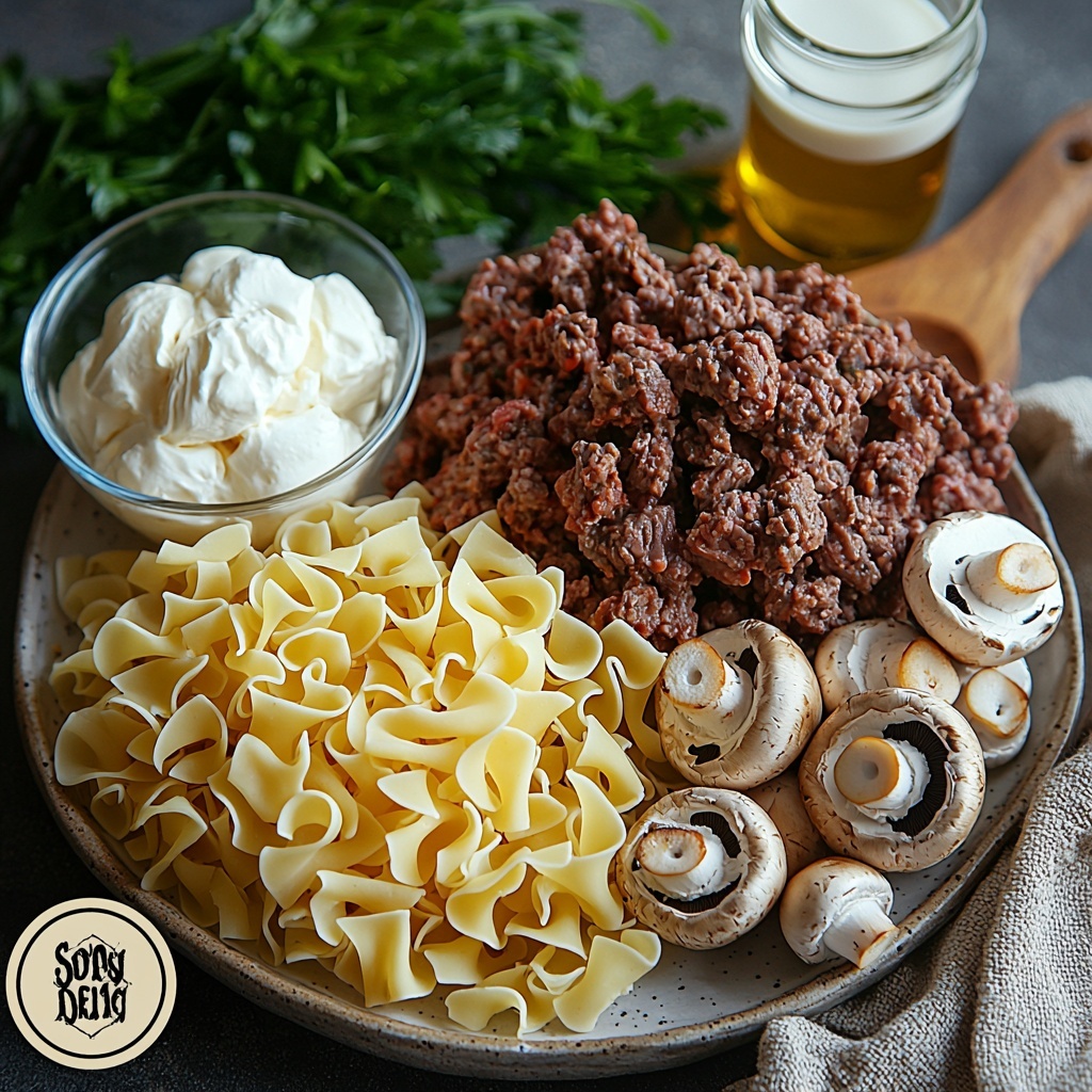 4 large fresh brown mushrooms sliced and whole, glistening with a slight sheen; small glass bowl with golden olive oil; raw ground beef in a rustic shallow dish, rich red with marbled fat; uncooked wide egg noodles loosely piled, pale yellow with ruffled edges; small white bowl of creamy sour cream, smooth and thick; clear measuring cup with creamy off-white milk; small bowl of rich dark brown beef stock; teaspoon of fine white kosher salt; small pile of fine golden cornstarch powder on a wooden spoon; scattered black peppercorns alongside a tiny heap of deep red paprika powder on a white ceramic plate. All ingredients arranged neatly and spaced evenly on a clean matte white surface, highlighting contrasting colors and natural textures. Soft natural light casting gentle shadows, minimalistic styling with delicate sprigs of fresh parsley for a pop of green, rustic wooden cutting board and linen napkin subtly framing the scene. Overhead shot, top down view, flat lay photography, professional food styling --ar 1:1 --q 2 --s 750 --v 6.1