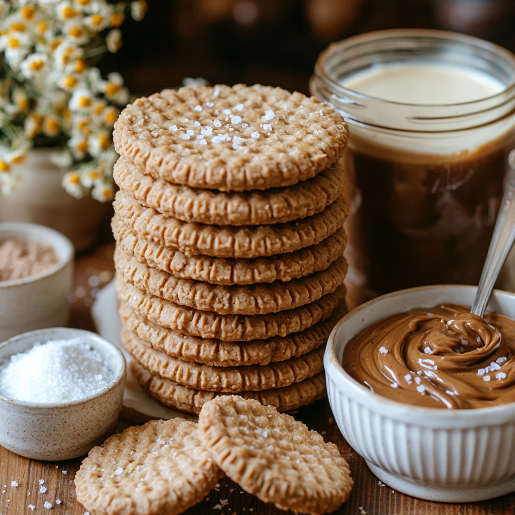 biscoff cookies whole and stacked, a small bowl of biscoff cookie crumbs, a ramekin with melted golden butter, white ceramic bowl with smooth cornstarch powder, glass measuring cup filled with creamy whole milk, small dish with granulated white sugar sparkling under light, jar of glossy biscoff cookie butter partially melted with a silver spoon, pinch of coarse salt in a tiny dish, metal whisk resting beside a bowl of thick whipped heavy cream with soft peaks, small saucepan with warm milk and melted cookie butter swirling together, melted dark chocolate drizzled artistically on a white plate, all ingredients neatly arranged on a pristine light wooden surface with natural light casting soft shadows, styled with neutral linen napkins and minimal rustic props to enhance warm tones and textures, overhead shot, top down view, flat lay photography, professional food styling --ar 1:1 --q 2 --s 750 --v 6.1