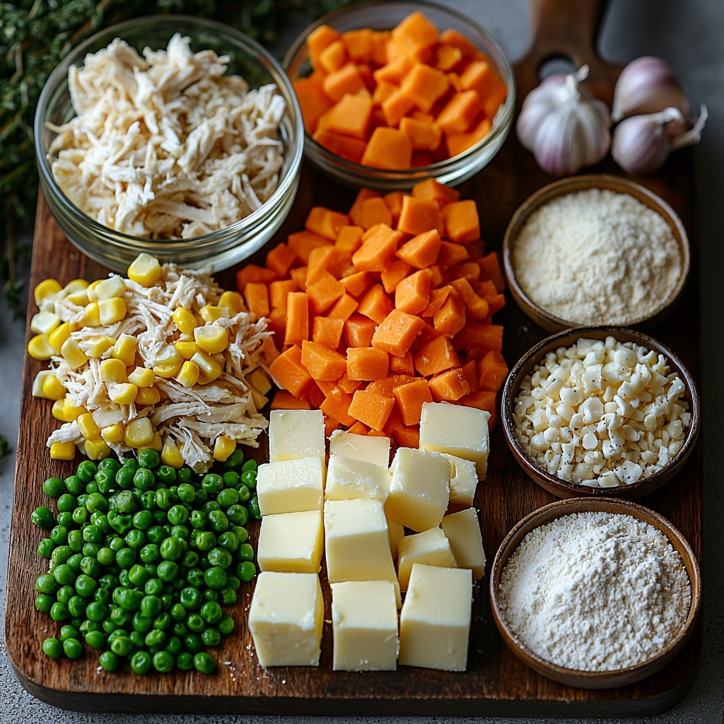 butter chunk with a small butter knife, diced onion in a neat pile, colorful frozen mixed vegetables scattered loosely showcasing green peas, orange carrots, and corn kernels, two garlic cloves whole and partially peeled, small bowl of all-purpose flour with a slight dusting around the edges, glass measuring cup filled with creamy milk, clear bowl of golden chicken broth reflecting light, shredded cooked chicken arranged in a rustic heap showing texture and white meat fibers, small bowls of salt and black pepper showing fine grains, stack of eight golden refrigerated biscuit rounds with a soft, flaky texture, all ingredients artfully spaced on a clean, bright white surface to emphasize fresh colors and natural textures, soft natural lighting highlighting the moisture and warmth of the ingredients, minimal shadows, slight rustic wooden spoon placed near the butter, capturing rustic yet modern farmhouse kitchen vibe, overhead shot, top down view, flat lay photography, professional food styling --ar 1:1 --q 2 --s 750 --v 6.1