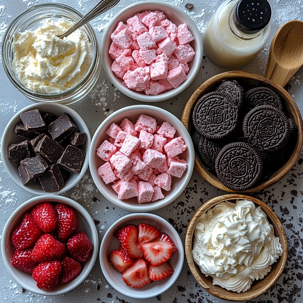 Golden Oreo cookies whole and crushed in bowls, soft cream cheese dollops in small glass ramekins, powdered sugar sprinkled lightly nearby, a spoonful of glossy strawberry preserves in a white ceramic dish, tiny bowl of pink strawberry shortcake crumble (coarse crushed Oreos mixed with powdery freeze-dried strawberries), small mound of smooth pink melting chocolate chips, a separate small bowl of creamy white chocolate chips, vanilla extract bottle with a few drops spilled artistically, pinch of salt in a rustic wooden spoon, all arranged neatly on a clean, matte white surface with soft natural lighting casting gentle shadows emphasizing textures—contrast between the golden Oreos, pastel pink chocolates, and white creams, minimalistic yet inviting styling, subtle props like a silver teaspoon and parchment paper square layered under some ingredients for depth overhead shot, top down view, flat lay photography, professional food styling --ar 1:1 --q 2 --s 750 --v 6.1