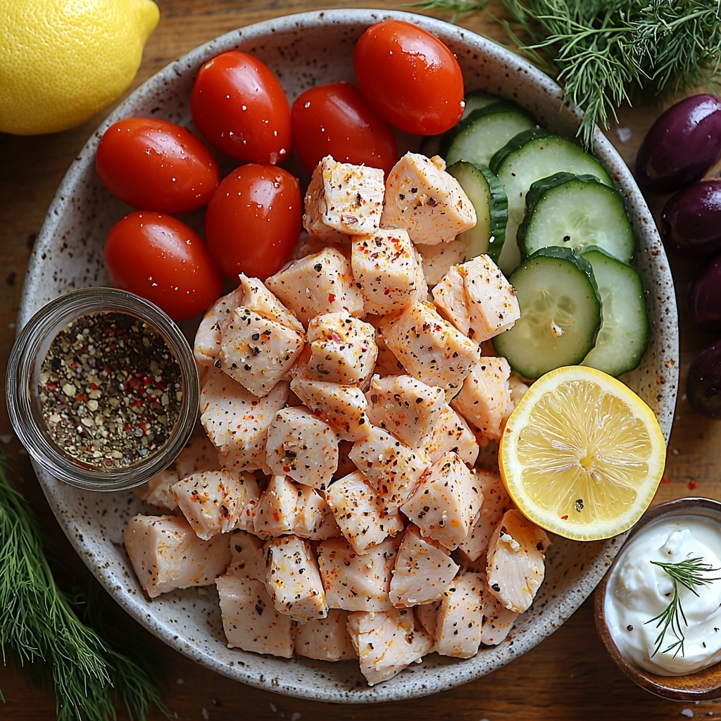 4 boneless skinless chicken breasts cut into 1-inch cubes in a small rustic bowl, 3 tablespoons golden olive oil in a clear glass measuring cup, bright yellow lemon cut in half with juice dripping, 2 whole garlic cloves and a small pile of minced garlic on a wooden spoon, a small dish of dried oregano and a pinch of smoked paprika side by side, coarse salt and black pepper scattered artfully, cooked fluffy brown rice in a neat mound on a white ceramic plate, vibrant red cherry tomatoes halved and glossy, crisp cucumber slices arranged in a fan shape, thinly sliced translucent red onion rings, deep purple Kalamata olives pitted and halved in a small bowl, a bunch of fresh green parsley roughly chopped, crumbled creamy white feta cheese scattered in a small dish, a bowl of creamy plain Greek yogurt topped with grated cucumber strands, fresh dill sprigs bright green next to a drizzle of olive oil and a lemon wedge, all ingredients thoughtfully spaced on a clean light wood surface with natural soft daylight enhancing colors and textures, slight shadows for depth, minimal props for a fresh Mediterranean feel, overhead shot, top down view, flat lay photography, professional food styling --ar 1:1 --q 2 --s 750 --v 6.1