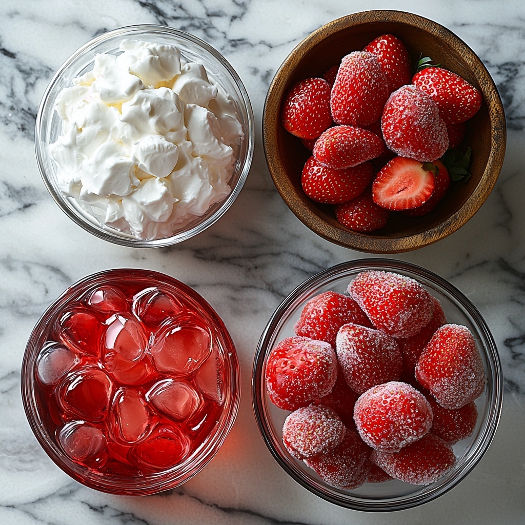 Strawberry Jello gelatin package, a clear glass bowl with very hot water steaming gently, a separate small glass container of cold water, an open tub of fluffy white Cool Whip with whipped texture visible, a rustic bowl filled with bright red frozen sliced strawberries with frosty edges, all neatly arranged on a clean white marble surface. The ingredients are spaced evenly with soft natural lighting highlighting the glossy red of the gelatin packet and the vibrant strawberries, the smooth creaminess of the Cool Whip, and the glass's translucent qualities. Subtle shadows add depth while maintaining a fresh and inviting mood, minimal props to keep focus on ingredient colors and textures. Overhead shot, top down view, flat lay photography, professional food styling --ar 1:1 --q 2 --s 750 --v 6.1