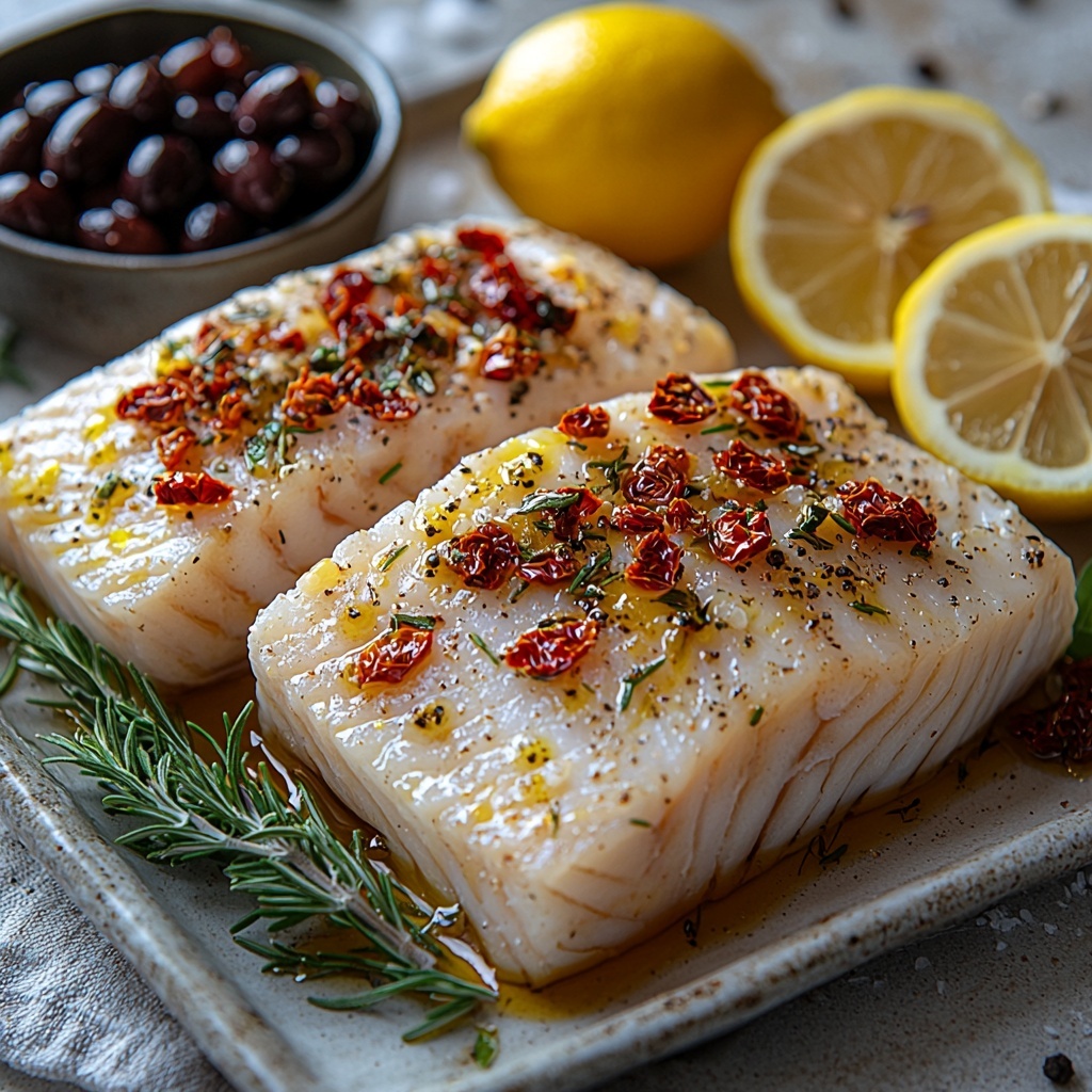 cod fillets with white flaky texture, small bowl of bright red chopped sun dried tomatoes, bowl of dark purple kalamata olives pitted and chopped, fresh green minced rosemary sprigs scattered, peeled cloves of raw garlic, fresh whole lemons with bright yellow skin and sliced lemon rounds arranged neatly, small dish of golden olive oil with glossy sheen, lemon zest strands vivid yellow, kosher salt crystals in a tiny ramekin, black peppercorns coarse ground, all ingredients carefully spaced on a clean white textured surface, natural soft daylight highlighting textures and vibrant colors, subtle shadows adding depth, minimalist rustic style with fresh herbs casually placed, overhead shot, top down view, flat lay photography, professional food styling --ar 1:1 --q 2 --s 750 --v 6.1
