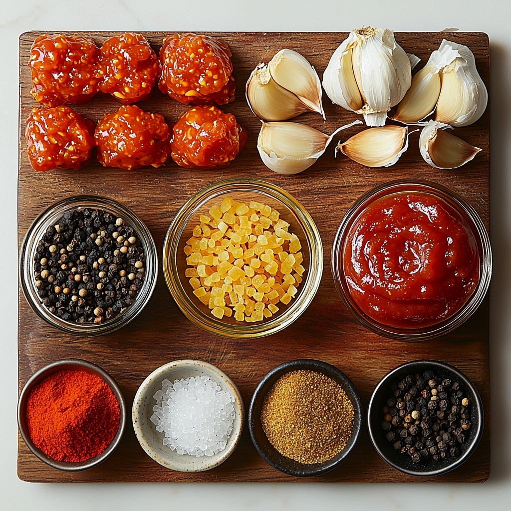 Tomato ketchup in a small glass bowl, apple cider vinegar in a clear measuring cup, Worcestershire sauce in a dark glass bottle, a heap of packed light brown sugar spilling slightly on a wooden spoon, a small dish with bright yellow mustard, vibrant red paprika powder sprinkled artistically on white ceramic, fine granules of onion powder and ground black pepper in tiny white bowls, four peeled garlic cloves with a slightly glossy texture, a clear glass of water with light reflections; all ingredients carefully arranged on a smooth, clean white surface with soft natural lighting to highlight the rich colors and varied textures, subtle shadows for depth, styled with minimal props like a rustic wooden utensil and a folded linen napkin nearby for warmth, overhead shot, top down view, flat lay photography, professional food styling --ar 1:1 --q 2 --s 750 --v 6.1