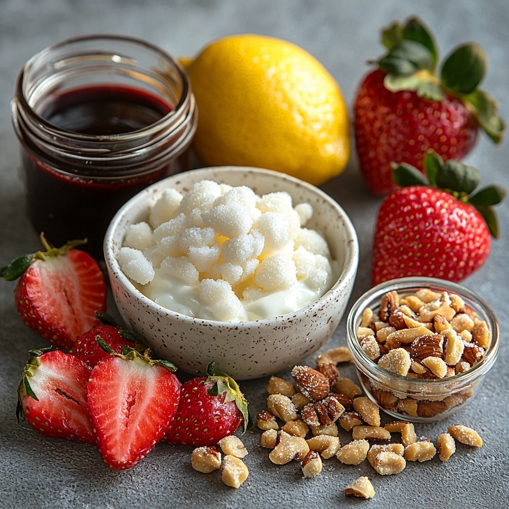 Frozen strawberries, Greek yogurt in a small white bowl, a glass jar of granulated sugar, a halved Indian lemon with seeds visible, a drizzle of glossy chocolate syrup in a small pouring dish, a cluster of nut brittle pieces showcasing rough textures, and a small jar of vibrant red fresh strawberry preserve, all carefully arranged on a clean, matte white surface. The strawberries are slightly frosted with icy crystals, the yogurt smooth and creamy with soft shadows, lemon bright yellow with a fresh, juicy shine. Nut brittle adds warm golden brown hues and crunchy texture contrast. Chocolate syrup is dark and glossy, and the strawberry preserve shines with a rich red hue. Natural diffused light enhances the colors and textures, with minimal shadows, balanced spacing between elements, and subtle green strawberry leaves for a fresh touch. Overhead shot, top down view, flat lay photography, professional food styling --ar 1:1 --q 2 --s 750 --v 6.1