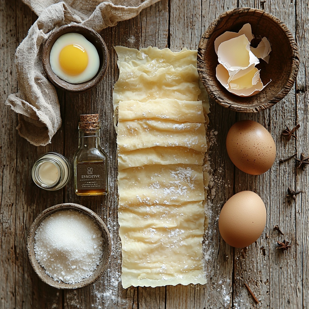 A clean, light wooden surface dusted lightly with white flour, featuring a neatly unrolled sheet of pale golden puff pastry centered in the frame; a small rustic ceramic bowl filled with warm brown ground cinnamon mixed with sparkling white granulated sugar beside it; a small glass bowl containing a bright yellow egg yolk mixed with a touch of water, glistening under soft natural light; a separate small bottle or dropper of transparent vanilla extract with a subtle amber tint nearby; a whole raw egg with a smooth white shell resting gently to the side; all ingredients spaced thoughtfully with gentle shadows and soft highlights to emphasize textures—the flaky, slightly ridged pastry, the fine graininess of cinnamon and sugar, the smooth gloss of the egg wash, and the delicate dusting of flour for a fresh, inviting atmosphere; neutral-toned linen cloth partially visible at the edge for added warmth and dimension. Overhead shot, top down view, flat lay photography, professional food styling --ar 1:1 --q 2 --s 750 --v 6.1