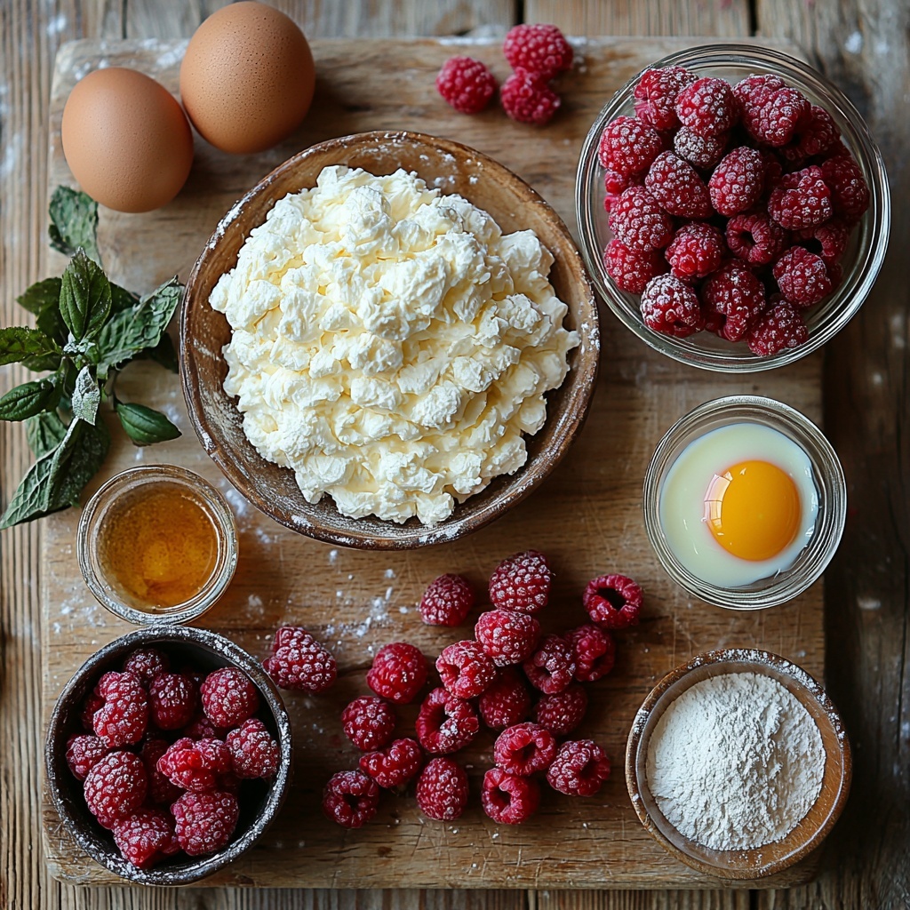 frozen puff pastry sheet, fresh bright red raspberries in a small rustic bowl, a smooth mound of softened cream cheese in a white ceramic bowl, a small glass bowl with fine white powdered sugar, a tiny dish with amber vanilla extract, a cracked raw egg beside a small bowl with whisked egg wash, light dusting of flour scattered on a natural wood cutting board, all ingredients neatly arranged and spaced out on a clean light wood surface, textures highlighted with soft natural light, subtle shadows adding depth, pops of vibrant red from raspberries contrasting with creamy white cheese and powder, minimalist styling with a few scattered raspberries and a silver mixer whisk for context, gentle reflections on glass bowls, fresh and inviting atmosphere, overhead shot, top down view, flat lay photography, professional food styling --ar 1:1 --q 2 --s 750 --v 6.1
