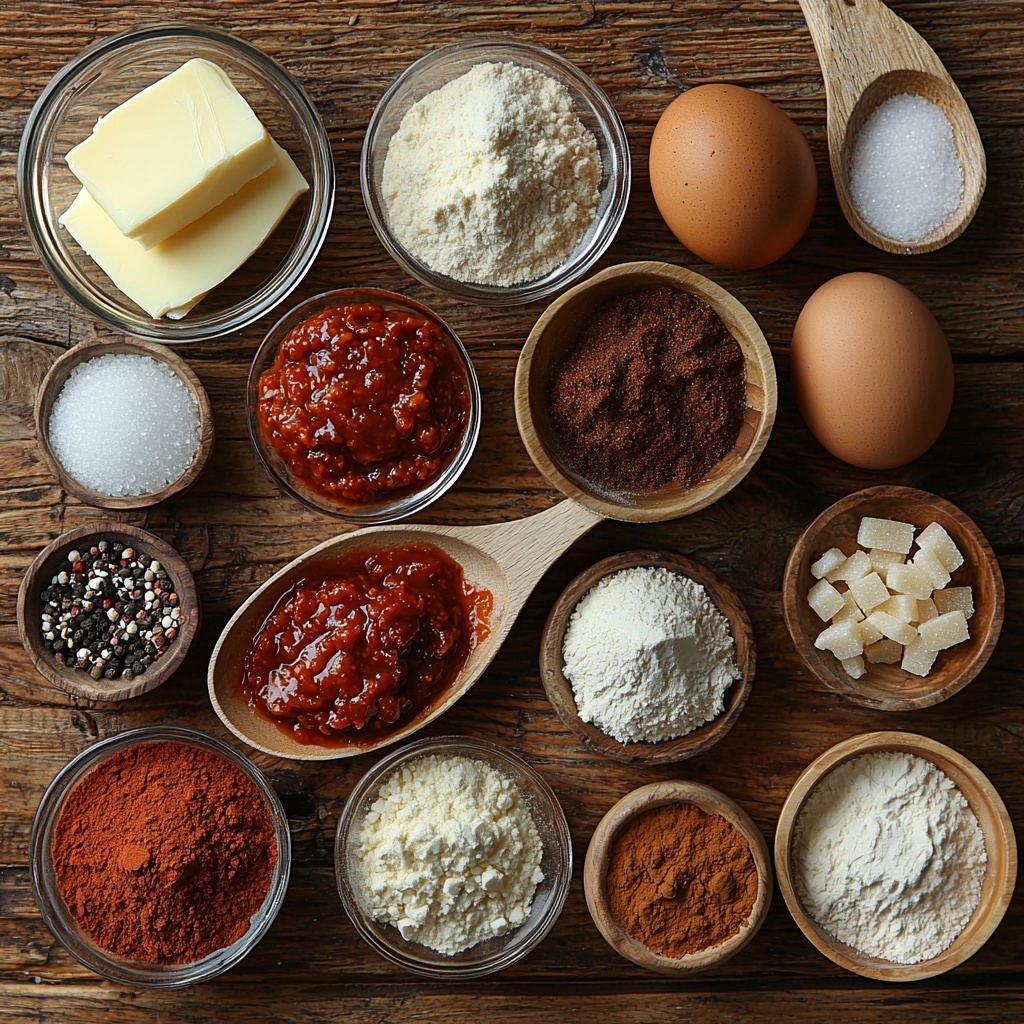 A clean, bright wooden surface with the main ingredients for Gochujang Caramel Cookies arranged neatly in a flat lay composition: a small glass bowl with soft unsalted butter, another bowl with dark brown sugar showing its moist, rich texture, a spoon with deep red gochujang paste glistening under soft light, a small mound of fine white granulated sugar, a large brown-speckled egg, a tiny heap of coarse kosher salt with sparkling crystals, a sprinkle of warm brown ground cinnamon, a small glass vial of golden vanilla extract, a pinch of baking soda powdered fine, and a neat pile of pale all-purpose flour dusted lightly around the edges for texture. Wooden spoons, measuring cups, and a parchment paper sheet partially visible add to the styling. Natural light casts gentle shadows highlighting the varied textures—creamy butter, grainy sugars, smooth paste, and powdery flour—set on a neutral, clean background emphasizing warmth and inviting homemade baking vibes. Overhead shot, top down view, flat lay photography, professional food styling --ar 1:1 --q 2 --s 750 --v 6.1