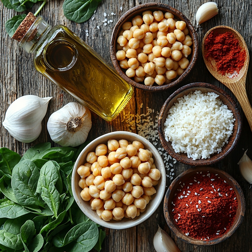 Avocado oil in a small glass bottle with golden liquid, two garlic cloves peeled and minced finely on a white ceramic spoon, a small heap of golden brown sugar crystals, a vivid red dollop of red curry paste on a rustic wooden spoon, a 14-ounce can of creamy full-fat coconut milk partially opened showing thick white liquid, a small ceramic bowl filled with dark amber soy sauce, a bowl of drained and rinsed beige chickpeas with a slightly glossy texture, fresh vibrant green chopped spinach leaves loosely piled, a bunch of bright green chopped cilantro with delicate leaves scattered loosely, uncooked jasmine rice grains in a neat mound showcasing translucent off-white grains. All ingredients are carefully arranged on a smooth, clean light wood surface with natural soft lighting enhancing colors and textures, subtle shadows for depth; props include minimalist white bowls and natural wooden spoons to add warmth and authenticity, emphasizing freshness and simplicity. Overhead shot, top down view, flat lay photography, professional food styling --ar 1:1 --q 2 --s 750 --v 6.1