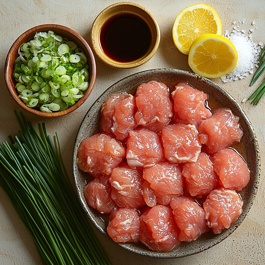chicken thighs, skin removed, raw and plump with a pale pink color, arranged in a neat cluster; a clear glass bowl filled with translucent cellophane (glass) noodles, slightly tangled, showcasing their glossy, delicate texture; a small wooden dish holding grated fresh ginger, bright yellow with fibrous texture visible; a rustic ceramic bowl of low-sodium chicken broth, golden and clear with shimmering surface; a small white ramekin containing low-sodium soy sauce, dark brown and glossy; kosher salt crystals scattered artfully on a light wooden surface; a bundle of thinly sliced green onions fanned out, vibrant green and fresh; all ingredients spaced evenly on a clean, matte white tabletop to enhance color contrasts and textures, natural soft daylight highlighting the freshness and subtle shadows for depth, minimalistic and airy composition with a slight hint of rustic kitchenware for warmth and authenticity overhead shot, top down view, flat lay photography, professional food styling --ar 1:1 --q 2 --s 750 --v 6.1