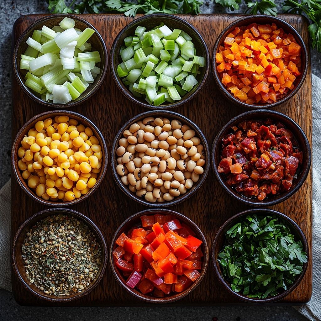dried black eyed peas in a rustic small bowl, bright yellow diced onion, fresh green celery stalks diced, vibrant green bell pepper pieces, a peeled small garlic clove, dried bay leaf, small piles of dried thyme, smoked paprika, oregano, onion powder, and a touch of cayenne pepper powders arranged neatly on white ceramic spoons, coarse kosher salt and cracked black pepper in miniature bowls, a clear glass bowl with golden olive oil, a chunk of smoked beef ham hock with rich marbling or alternatively thick-cut crispy beef bacon pieces or sliced smoked turkey sausage artfully placed on a dark wooden board, a small pat of creamy butter, a small bottle of reddish apple cider vinegar, fresh bright green parsley and cilantro sprigs scattered for color contrast, a small dish of fiery red hot sauce, all ingredients arranged on a clean light neutral linen surface with natural soft lighting casting subtle shadows, textures emphasizing the rustic, wholesome nature of the ingredients, a balanced composition with pops of earth tones and fresh greens creating visual interest, overhead shot, top down view, flat lay photography, professional food styling --ar 1:1 --q 2 --s 750 --v 6.1