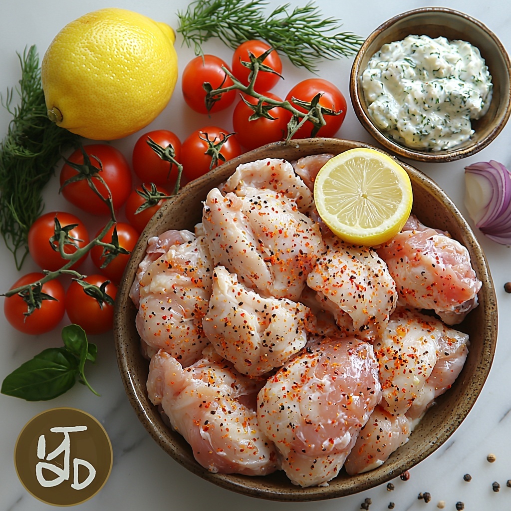 boneless skinless chicken thighs raw and marinated in olive oil, lemon juice, minced garlic, dried oregano, paprika, and kosher salt in a small glass bowl; whole lemon halved and juiced with vibrant yellow flesh; peeled garlic cloves whole and minced; small rustic bowl of creamy Greek yogurt; cooked fluffy rice with a light, tender texture in a neutral ceramic bowl; bright red cherry tomatoes halved showing juicy interiors; diced Persian cucumbers with fresh green peel and crisp white flesh; thinly sliced translucent red onion arranged in delicate piles; glossy deep purple kalamata olives in small dish; crumbled feta cheese with soft crumbly texture scattered nearby; fresh sprigs of dill with feathery green leaves; small bowl of tzatziki sauce, creamy white with flecks of green dill and grated cucumber; extra olive oil in a small glass jug; grated cucumber on a wooden plate with slight moisture sheen; salt flakes scattered minimally for texture; all ingredients artfully arranged in neat clusters and bowls on a clean white marble surface with subtle natural light casting soft shadows, vibrant colors contrasting beautifully, textures highlighted in sharp focus, styled for inviting, fresh, Mediterranean vibe, overhead shot, top down view, flat lay photography, professional food styling --ar 1:1 --q 2 --s 750 --v 6.1