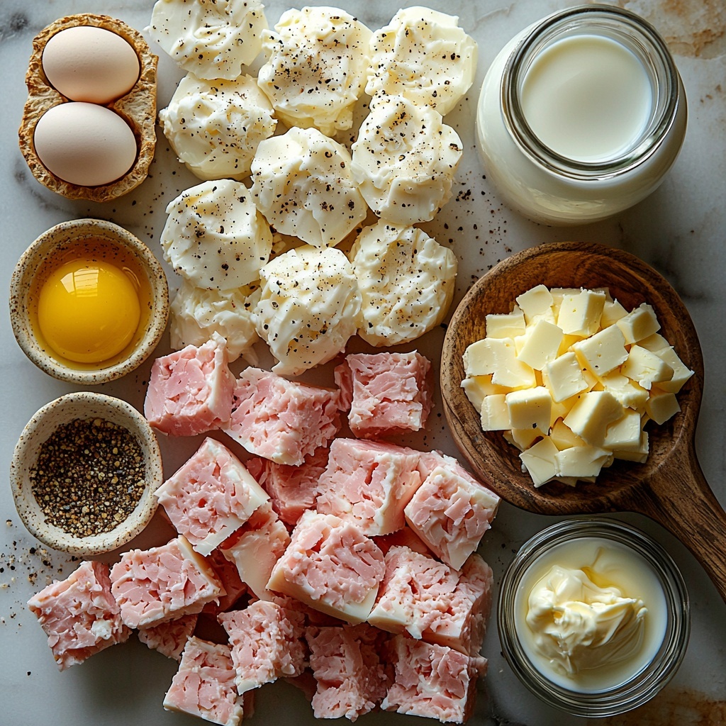 English muffins halved and lightly toasted with a golden-brown crust, scattered next to chopped chicken ham pieces with a pinkish hue and slightly glossy texture; whole large eggs with smooth white shells nestled beside a small bowl of bright yellow egg yolks; a clear glass bowl containing creamy white heavy cream alongside a small vintage milk jug filled with whole milk; an assortment of spices—kosher salt crystals, black peppercorns, paprika powder with a warm reddish tone, dried mustard powder in pale yellow, onion powder, and a tiny heap of cayenne pepper in vibrant red—neatly arranged in small porcelain spoons; shredded Monterey Jack cheese piled loosely showing soft, pale yellow strands; a small glass bowl with melted golden-yellow butter; a lemon wedge displaying bright yellow flesh; a dollop of Dijon mustard in a tiny rustic dish with a smooth texture; all ingredients arranged in an artful, balanced composition on a clean white marble surface that reflects subtle daylight, highlighting the fresh colors and contrasting textures; soft natural lighting enhances warmth and depth, styled with minimal rustic props like a wooden spoon and linen napkin nearby for a cozy, inviting atmosphere — overhead shot, top down view, flat lay photography, professional food styling --ar 1:1 --q 2 --s 750 --v 6.1