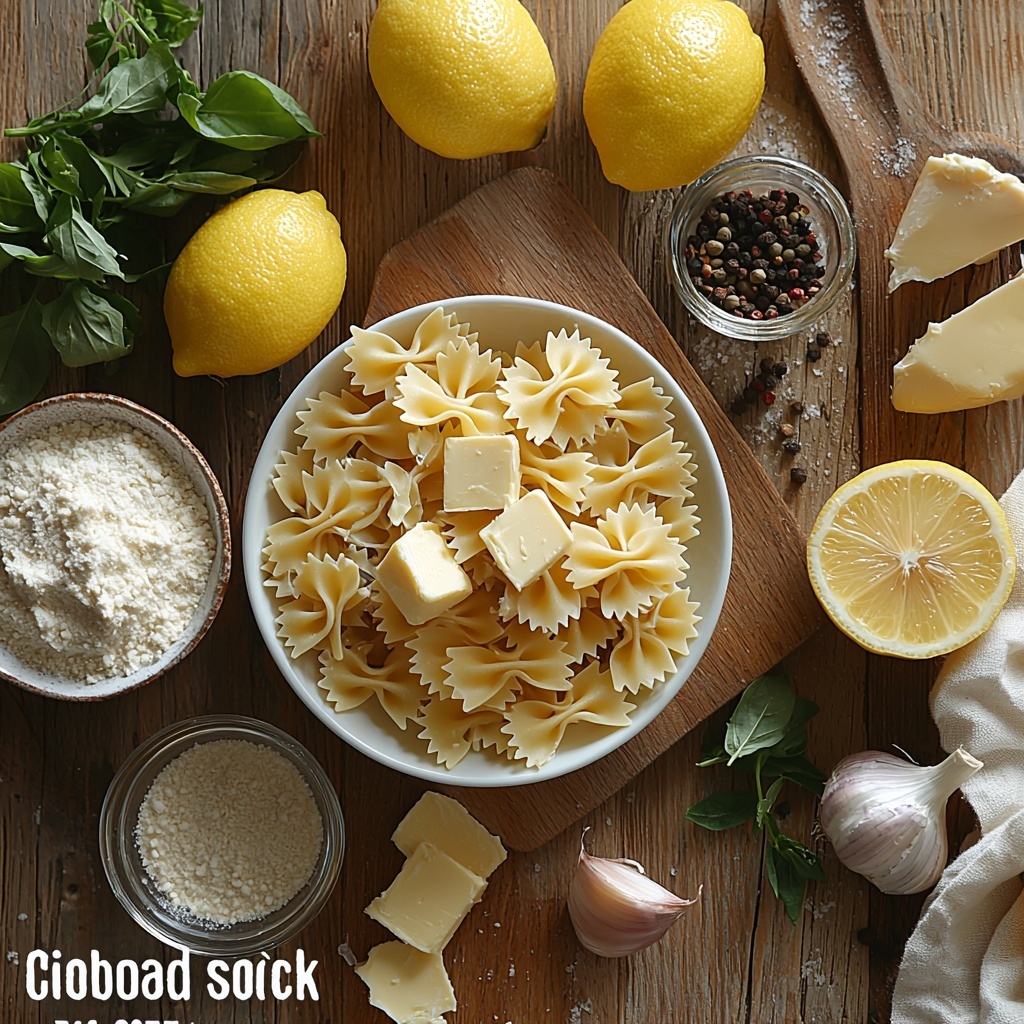 12 ounces uncooked bow tie pasta scattered loosely in a natural pile, raw boneless skinless chicken breasts cut into chunky ½-inch pieces displayed neatly in a small white ceramic bowl, a small mound of all-purpose flour dusted on a wooden board with a rustic metal spoon beside it, 6 tablespoons of unsalted butter divided into small cubes on a delicate glass dish, a small clear bowl with golden extra-virgin olive oil glistening, a finely chopped large shallot placed in a tiny white ramekin, four peeled garlic cloves and some chopped garlic scattered next to the ramekin, a glass measuring cup partially filled with rich golden chicken stock, fresh lemon halves—one whole and one sliced—showing bright yellow juicy interiors, a small bowl of drained capers showcasing their green, briny texture, a bunch of roughly chopped vibrant green parsley leaves fanned out on a crisp white linen napkin, vintage black pepper grinder lying on its side nearby, coarse sea salt crystals sprinkled subtly across the surface. All ingredients arranged on a clean, light-colored wooden table with soft natural lighting enhancing the colors and textures, subtle shadows adding depth, minimal props keeping the focus on fresh ingredients, carefully balanced composition with negative space for an airy, inviting feel. Overhead shot, top down view, flat lay photography, professional food styling --ar 1:1 --q 2 --s 750 --v 6.1