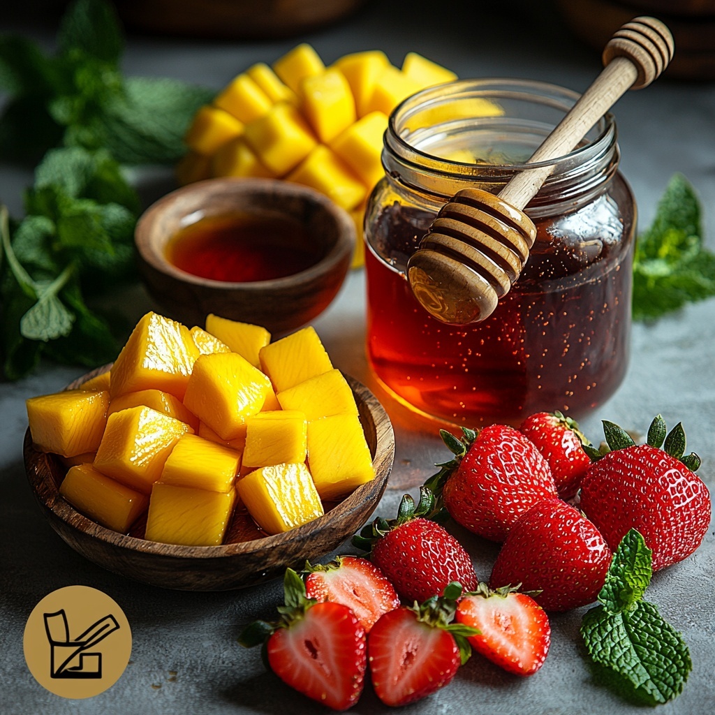 a vibrant flat lay of fresh mango cubes in a small bowl next to sliced bright red strawberries arranged neatly on a wooden board, a rustic glass jar filled with deep amber brewed black tea, a small dish of golden honey with a wooden honey dipper, clear chunky ice cubes scattered artfully, and fresh green mint leaves fanned out for garnish, all placed on a clean white marble surface that contrasts the vivid colors, natural light highlighting the juicy textures and glossy surfaces, minimal shadows, styled with a crisp, fresh summer vibe, overhead shot, top down view, flat lay photography, professional food styling --ar 1:1 --q 2 --s 750 --v 6.1