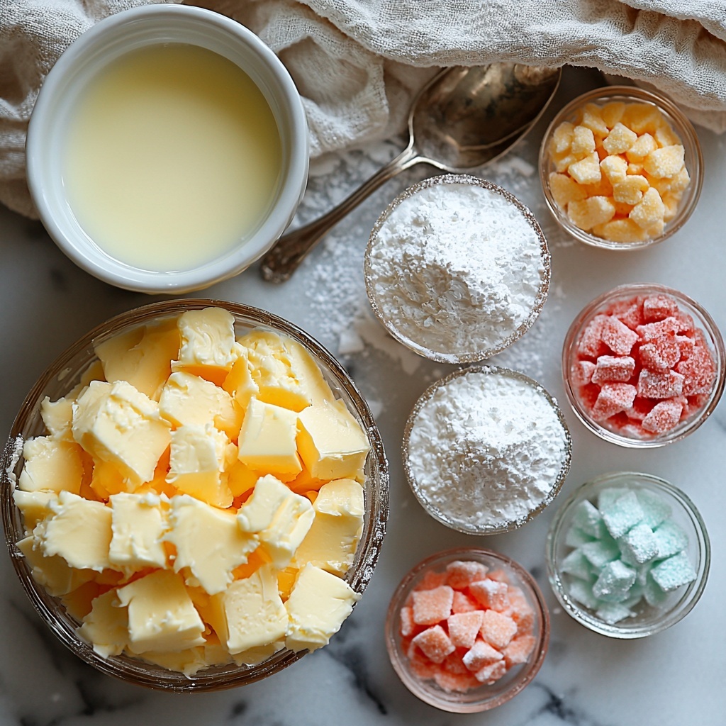 Softened butter in a small vintage glass bowl, a neat pile of fine white powdered sugar spilled slightly beside it, a small white ceramic measuring cup filled with creamy milk, a tiny clear glass bowl with amber vanilla extract, several small dishes with vibrant drops of red, blue, and yellow food coloring arranged in a semi-circle, all placed on a clean white marble surface. The scene is bright and airy with soft natural light highlighting the smooth textures of butter and powdered sugar, the glossy surface of the milk, and the rich color of the vanilla. Minimal shadows, subtle reflections from the bowls, and a few scattered powdered sugar crystals add natural detail. Styled with a delicate linen napkin folded nearby and a vintage silver teaspoon to gently evoke a cozy kitchen atmosphere. Overhead shot, top down view, flat lay photography, professional food styling --ar 1:1 --q 2 --s 750 --v 6.1
