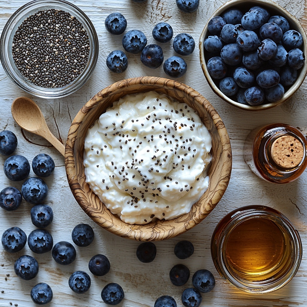 ½ cup old fashioned rolled oats in a small wooden bowl showcasing their coarse, flaky texture; ⅔ cup unsweetened almond milk in a clear glass pitcher with creamy white color; ¼ cup full fat Greek yogurt in a white ceramic ramekin, smooth and thick; ⅓ cup fresh blueberries scattered casually, deep blue and plump with a slight frosty bloom; 1 teaspoon chia seeds in a tiny glass bowl, tiny black and white speckled seeds adding contrast; 2 teaspoons golden maple syrup in a small glass dish catching warm light and reflecting amber hues; ½ teaspoon vanilla extract in a small amber bottle with a wooden cap; all ingredients artfully arranged on a clean, light wooden surface with natural soft daylight, a few fresh blueberries and a small wooden spoon placed strategically for balance, subtle shadows adding depth, colors vibrant and textures inviting, minimalistic and airy styling for an inviting breakfast scene — overhead shot, top down view, flat lay photography, professional food styling --ar 1:1 --q 2 --s 750 --v 6.1
