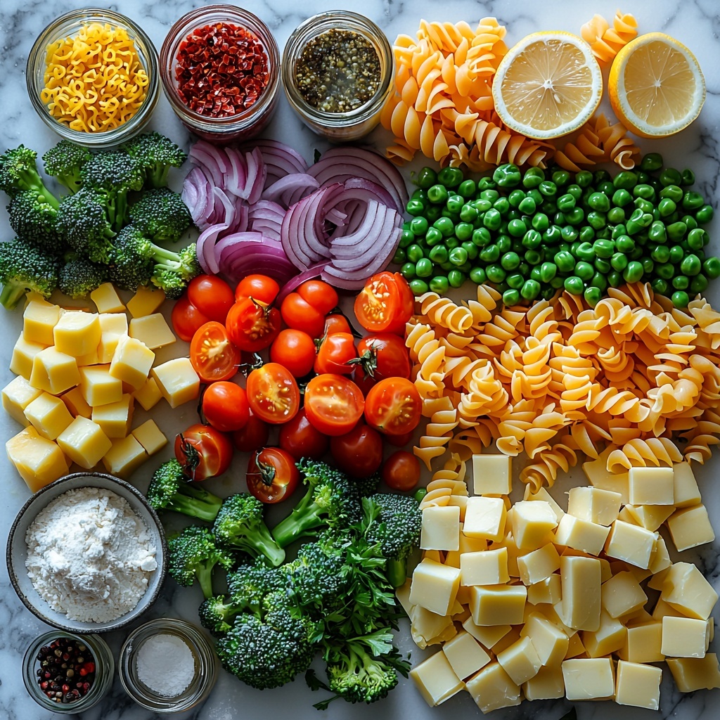 A bright and clean flat lay of fresh and raw Pasta Primavera ingredients artfully arranged on a white marble surface. Include vibrant green broccoli florets in small bite-sized pieces, bright orange julienned carrots, thinly sliced deep purple red onion, glossy red bell pepper slices, chunked green zucchini, and scattered frozen green peas with a slight frost texture. Arrange a small pile of halved and quartered ripe cherry tomatoes showing their juicy interior. Place three whole garlic cloves beside a few tablespoons of pale yellow butter and a small mound of white all-purpose flour. Include a heap of finely grated white parmesan cheese with its soft, flaky texture visible. Feature a half pound of uncooked pale yellow ziti pasta laying in a neat cluster. Add a small glass jar or bowl of golden olive oil and a separate measuring cup holding the combined sauce mixture with creamy beige half and half, light brown chicken broth, and visible specks of dried herbs—parsley, basil, oregano, mustard powder, and red pepper flakes—scattered nearby on the surface. Include a mini bowl of chicken bouillon cube and small bowls containing soy sauce and hot sauce with rich brown and vivid red hues. Finish with a halved fresh lemon showing its bright yellow flesh and a small pile of coarse pink salt and black peppercorns. The composition balances rustic and fresh elements, with natural soft daylight enhancing the lively colors and varied textures, styled with minimal props to keep focus on ingredient quality and variety. Overhead shot, top down view, flat lay photography, professional food styling --ar 1:1 --q 2 --s 750 --v 6.1