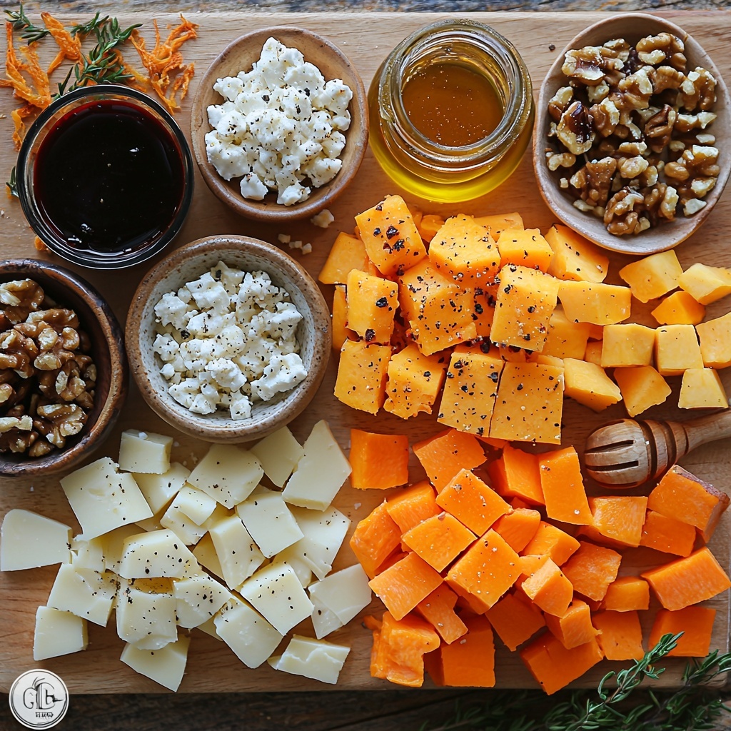 A clean light wooden surface styled with all the main ingredients for a layered sweet potato lasagna arranged in an inviting flat lay: thinly sliced bright orange sweet potatoes fanned out beside vibrant diced golden butternut squash cubes; neatly layered thin carrot slices showing their bright orange hues; a small rustic bowl of crumbly white feta cheese with its slightly grainy texture visible; toasted walnuts with their warm brown, rough-textured halves scattered artfully; a small glass jar of deep red cranberry juice catching light; a drizzle of golden honey pooled lightly on a white ceramic spoon; a small dark balsamic vinegar bottle with glossy deep brown liquid inside; two small ceramic bowls — one holding coarse sea salt crystals and the other freshly cracked black peppercorns; and a small clear glass container of golden olive oil with subtle reflections. The arrangement balances warm autumnal colors of orange, gold, and brown with white and deep red accents. Soft natural lighting highlights the textures and freshness of the ingredients, with gentle shadows adding depth. Overhead shot, top down view, flat lay photography, professional food styling --ar 1:1 --q 2 --s 750 --v 6.1
