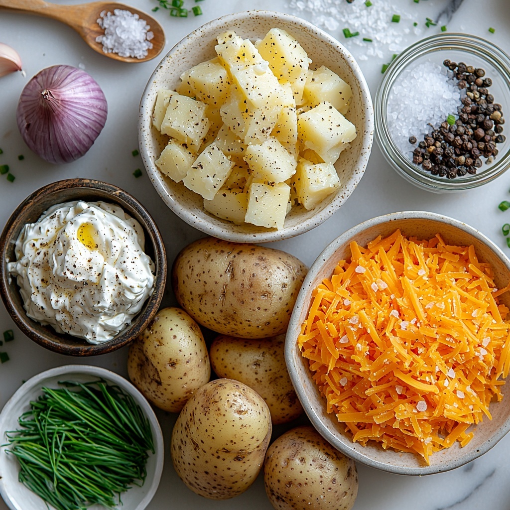 rustic flat lay of main ingredients for Steakhouse Potatoes Romanov arranged neatly on a clean white marble surface: three large russet potatoes with rough brown skin, one medium onion finely chopped in a small white bowl, a cup of thick creamy sour cream in a glass bowl, a generous pile of vibrant orange grated sharp Cheddar cheese, a small glass container with melted golden butter, a teaspoon of coarse white salt scattered artfully, a small heap of fresh black peppercorns beside a teaspoon, and a small bunch of finely chopped bright green chives or green onions sprinkled lightly nearby; natural soft diffused light highlighting the earthy textures and rich colors, minimal shadows, composition balanced with negative space, subtle rustic kitchen props like a wooden spoon and linen napkin partially visible, clean and fresh aesthetic — overhead shot, top down view, flat lay photography, professional food styling --ar 1:1 --q 2 --s 750 --v 6.1