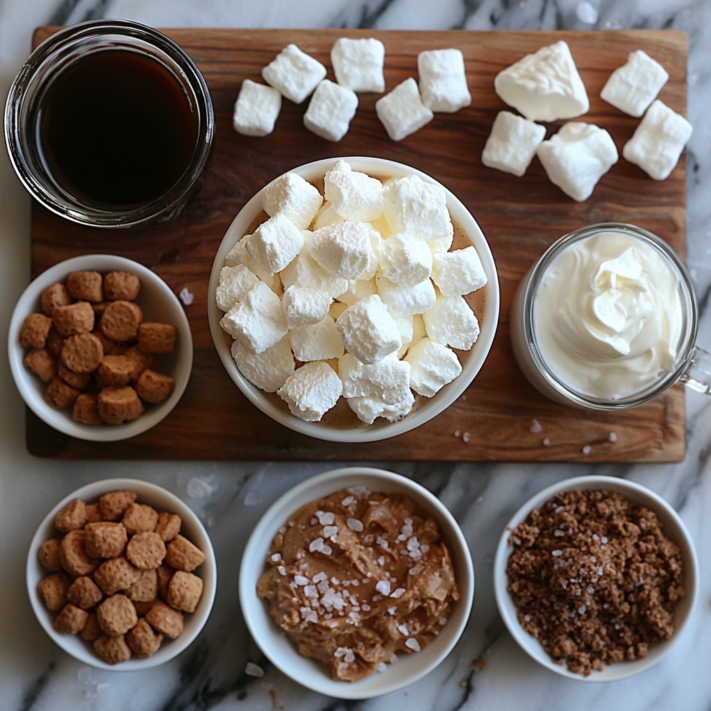 3 tablespoons marshmallow fluff in a small white bowl with glossy, fluffy texture; 2 tablespoons smooth peanut butter in a rustic ceramic dish; 2 teaspoons light brown sugar granules in a vintage spoon, warm amber color; ⅛ teaspoon fine salt crystals in a tiny white ramekin; 2 ounces dark espresso in a clear glass espresso cup with rich crema; 1 cup milk in a minimalist glass measuring cup, creamy white liquid; ice cubes scattered casually with frosty edges; 3 tablespoons heavy cream in a small glass pitcher, thick and silky; 2 tablespoons milk in a small porcelain jug; 1 tablespoon marshmallow fluff dolloped on a small white plate, soft and pillowy; a pinch of salt sprinkled artfully on a wooden board; 2 teaspoons crushed nutter butter crumbs with golden brown, crumbly texture on a small flat dish; all ingredients arranged neatly on a clean white marble surface with natural light casting soft shadows, highlighting the contrasting textures and warm, inviting earth tones interspersed with creamy whites and glossy surfaces, styled with minimal props including a silver spoon and a linen napkin to emphasize an artisanal, cozy vibe, overhead shot, top down view, flat lay photography, professional food styling --ar 1:1 --q 2 --s 750 --v 6.1