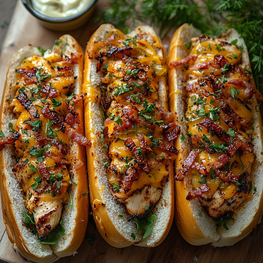 4 hoagie rolls sliced open to show soft, golden toasted interiors, 1 pound grilled chicken tenders with char marks and juicy texture, 8 crispy cooked bacon slices with reddish-brown color and shining fat, 1 cup shredded sharp cheddar cheese bright orange and finely shredded, ½ cup creamy ranch dressing in a small white bowl with smooth texture, 1 cup dill pickle chips vibrant green with glossy wet sheen, 2 tablespoons butter slightly melted on small dish, all ingredients carefully arranged on a clean white wooden surface with natural soft lighting highlighting textures and colors, rustic casual style with minimal props, small sprigs of fresh herbs subtly placed for color contrast, overhead shot, top down view, flat lay photography, professional food styling --ar 1:1 --q 2 --s 750 --v 6.1