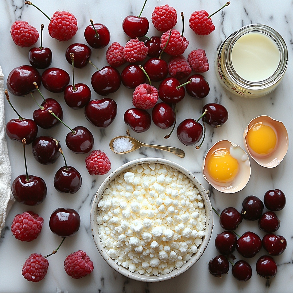 150 g granulated sugar in a small glass bowl with sparkling white crystals, 16 g fine cornstarch as a small heap of powder beside it, 2.5 g kosher salt in a tiny ceramic dish with coarse white grains; fresh and pitted sweet or sour cherries, deep glossy red with stems, arranged in a small pile, alongside extra cherries for garnish scattered artfully; fresh raspberries, bright ruby red with delicate textures, also in a small cluster with a few loose for garnish; a small glass container holding 15 ml fresh lemon juice, pale yellow and translucent; a small elegant bottle of elderflower liqueur with soft amber liquid, about 45 ml poured in a miniature glass; one large brown egg and two large egg yolks in a small white bowl showing smooth orange-yellow yolks; heavy cream in a clear measuring cup, thick and white, about 300 ml; all ingredients neatly arranged on a pristine white marble surface with subtle natural light enhancing the vibrant reds and soft creamy whites, minimal shadows, occasional green cherry leaves for a fresh pop of color, vintage silver spoon and a folded linen napkin for texture contrast, overhead shot, top down view, flat lay photography, professional food styling --ar 1:1 --q 2 --s 750 --v 6.1