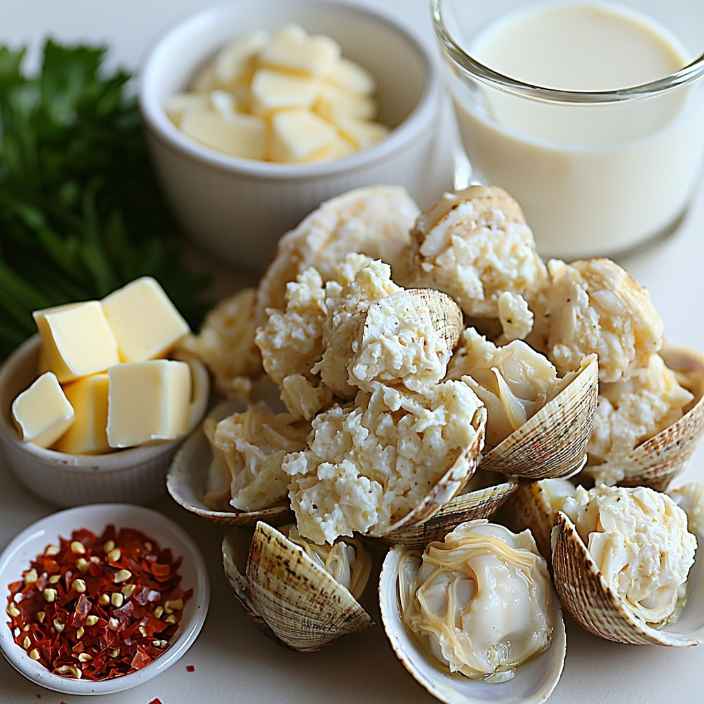 3 pounds fresh little neck clams with textured, ridged shells clustered naturally, softened golden unsalted butter melted in a small clear glass dish, three peeled garlic cloves finely minced and scattered gently nearby, two medium shallots diced into small uniform pieces displayed in a neat pile, a delicate pinch of crushed red pepper flakes in a tiny white ceramic bowl, a clear measuring cup filled with pale clam juice, a translucent glass with 3/4 cup dry white wine showing light golden hues, a small white ramekin of smooth, rich heavy cream, coarse grains of kosher salt and freshly ground black pepper sprinkled artistically on the surface, two small piles of freshly chopped vibrant green parsley leaves and bright chives placed side by side, all arranged thoughtfully on a clean, matte white background with soft natural light casting gentle shadows to enhance textures and colors, minimalistic rustic props such as a linen napkin folded nearby, emphasizing freshness and artisanal quality, overhead shot, top down view, flat lay photography, professional food styling --ar 1:1 --q 2 --s 750 --v 6.1