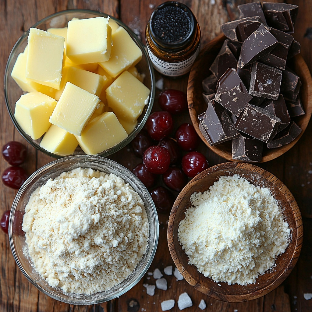 butter (softened, creamy pale yellow), granulated sugar (white, fine crystals) in a small glass bowl, light brown sugar (moist, golden brown) in a rustic ceramic bowl, one whole fresh egg with smooth shell, a small glass bottle of vanilla extract with dark amber liquid, loose salt crystals (off-white), fine baking soda powder (white), a heap of all-purpose flour (soft, powdery white) scattered lightly, maraschino cherries (bright glossy red, pitted and chopped into small pieces, slightly wet sheen) arranged in a small dish with a few whole cherries nearby, chopped dark or semisweet chocolate chunks (deep brown with a matte finish) cupped in a wooden bowl, flakey sea salt flakes (large, translucent crystals) sprinkled artistically on a clean white marble surface, ingredients spaced evenly but naturally to create visual balance, subtle shadows for depth, warm natural light emphasizing texture and vibrant colors, minimalistic and clean aesthetic, overhead shot, top down view, flat lay photography, professional food styling --ar 1:1 --q 2 --s 750 --v 6.1