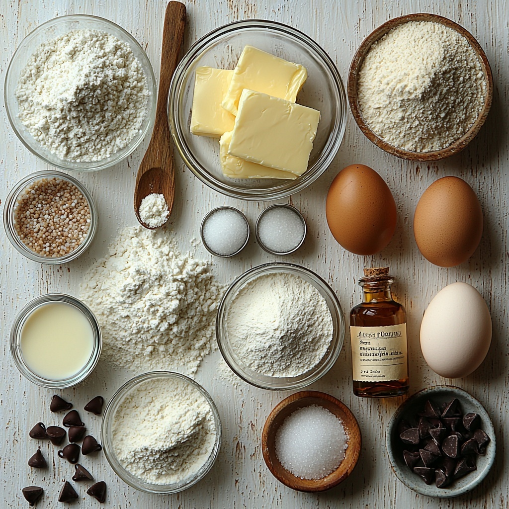 all-purpose flour in a small glass bowl with a wooden spoon, a heap of fine white flour dusted lightly on the clean white surface, a small glass bowl of fine white baking powder next to a tiny ceramic dish of coarse salt crystals, softened unsalted butter in a vintage silver butter dish showing creamy pale yellow texture, two large brown eggs with smooth shells resting on a linen napkin, granulated white sugar in a clear glass jar spilling slightly onto the surface, packed brown sugar in a rustic terracotta bowl showing its rich caramel crystals, a small glass bottle of golden vanilla extract with a wooden cork, a small clear bowl filled with glossy semi-sweet dark chocolate chips, all arranged neatly with slight shadows on a bright, clean white kitchen counter, minimalistic styling with natural light highlighting textures and colors, rustic wooden spoon, small linen napkin, subtle flour dusting creating a warm, inviting atmosphere, overhead shot, top down view, flat lay photography, professional food styling --ar 1:1 --q 2 --s 750 --v 6.1