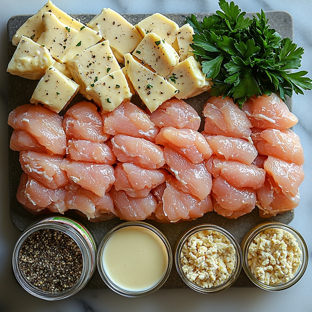 olive oil in a small glass bowl with a golden sheen, diced boneless skinless chicken thighs showing pink and white marbled texture, a small chopped onion with white and purple layers, two garlic cloves minced finely with a slightly glossy surface, fresh cauliflower florets creamy white and textured, chopped celery pieces bright green and crisp, a clear glass measuring cup filled with light amber chicken broth, a small white bowl of thick heavy cream, dried thyme scattered loosely with muted green and gray hues, coarse salt crystals and cracked black peppercorns sprinkled subtly, and a small bunch of freshly chopped vibrant green parsley for garnish – all ingredients meticulously arranged on a clean white marble surface with soft natural lighting, subtle shadows for depth, and minimal rustic props to enhance the fresh, wholesome feel overhead shot, top down view, flat lay photography, professional food styling --ar 1:1 --q 2 --s 750 --v 6.1