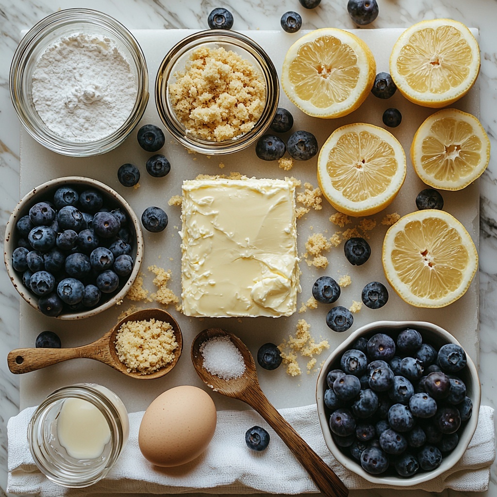 A clean white marble surface with ingredients for lemon-blueberry mini cheesecake cupcakes arranged neatly in a balanced flat lay composition. Include a small bowl of golden graham cracker crumbs with a wooden spoon, a small glass bowl of white granulated sugar sparkling under soft light, a ramekin of melted pale yellow unsalted butter with a silver spoon, two large fresh brown eggs with smooth shells placed close together, a block of soft cream cheese on a small white dish with a butter knife, a small glass jar of clear vanilla extract, a halved lemon displaying vibrant yellow flesh next to a lemon half with bright yellow zest finely grated on a white ceramic plate. Scatter of fresh plump blueberries with a rich blue-purple hue arranged artistically near the lemon and in a small glass bowl. Also include a small bowl with clear water and a tiny bowl with translucent cornstarch powder. All ingredients have natural textures visible—crumbly, creamy, juicy, and powdery—and are styled with minimal props such as neutral linen napkins and subtle shadows to enhance the fresh, bright, and inviting mood. overhead shot, top down view, flat lay photography, professional food styling --ar 1:1 --q 2 --s 750 --v 6.1