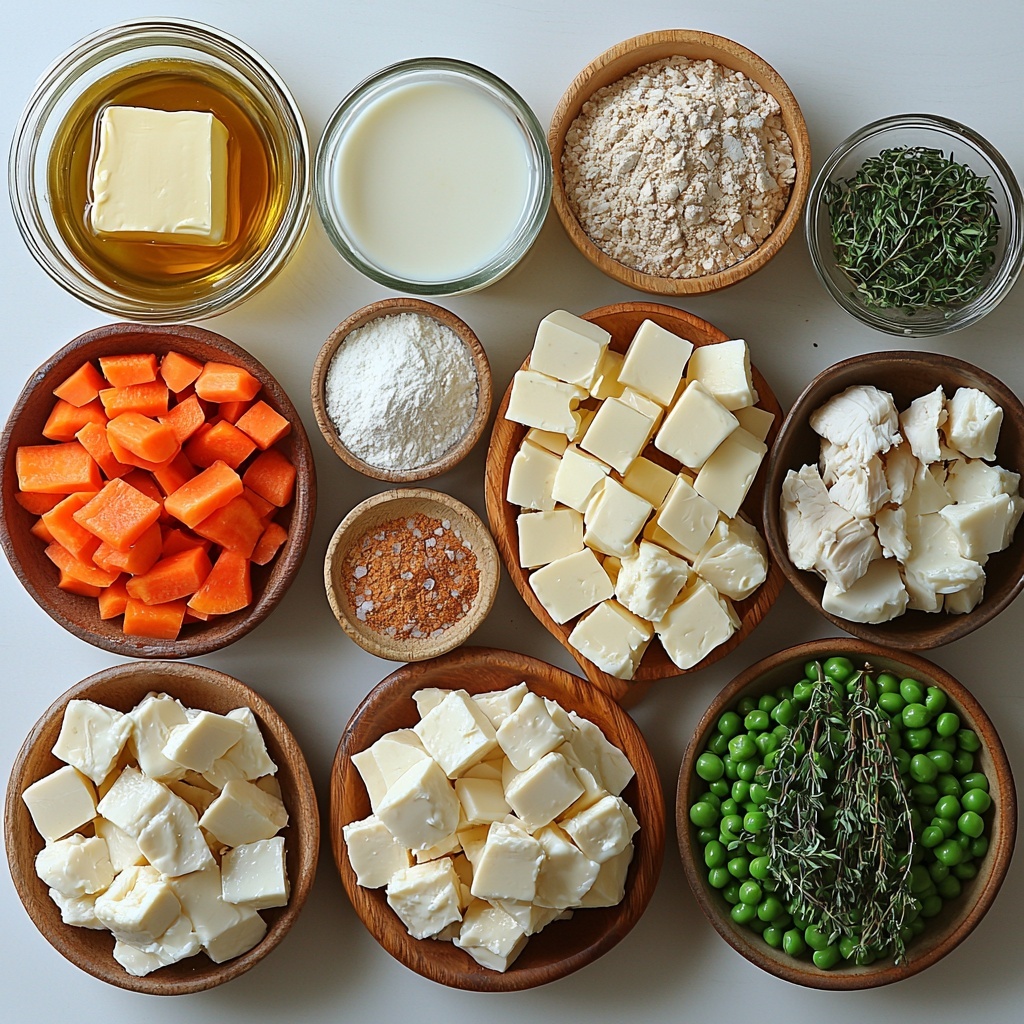A clean white surface with the main ingredients for homemade cream of chicken soup carefully arranged in a balanced flat lay composition: a small glass bowl of golden olive oil alongside a pat of creamy unsalted butter; a mound of fine, pale beige all-purpose flour; a peeled garlic clove minced finely next to half a small brown onion, diced finely with warm amber and caramel tones; bright orange diced carrot cubes; vivid red finely chopped bell pepper pieces; fresh pale green diced celery stick; a clear glass jug filled with golden chicken stock; a larger glass pitcher with smooth white milk; small wooden spoons holding salt, garlic powder, onion powder, black pepper, and dried thyme, their subtle earthy and muted tones contrasting; a small bowl of vibrant green frozen peas; a bowl with shredded cooked chicken showing tender white and light brown hues; and two slices of white bread cut into cubes with a light dusting of salt and nearby olive oil spray bottle. Natural soft daylight illuminates the scene, highlighting the textures—the roughness of the diced vegetables, the smoothness of the milk, the powdery flour, and the rustic bread cubes. Minimal shadows and ample negative space enhance clarity and freshness. The overall palette is warm and inviting with earthy and creamy tones accented by pops of green and red, styled professionally with delicate sprigs of fresh thyme scattered subtly for garnish. Overhead shot, top down view, flat lay photography, professional food styling --ar 1:1 --q 2 --s 750 --v 6.1