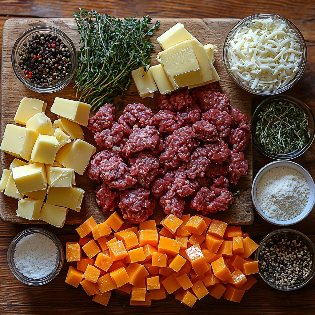 A clean, light wooden surface neatly arranged with the main ingredients for a macaroni cheeseburger soup: a small pile of raw ground beef with rich, deep red tones and a slightly coarse texture; scattered small piles of bright dried oregano and thyme leaves in muted green shades; a generous slab of golden butter; a small bowl of diced yellow onion cubes with translucent edges; thinly sliced vibrant orange carrots and fresh celery stalks cut into crisp pale green slices; several peeled garlic cloves, some minced finely and others whole, creamy white and slightly glossy; a small mound of white all-purpose flour; a clear glass bowl filled with golden-yellow uncooked elbow macaroni noodles; a jug of creamy white heavy cream; a small bowl overflowing with shredded sharp cheddar cheese in rich orange hues; a small glass container of clear white balsamic vinegar; bowls of coarse kosher salt and freshly cracked black peppercorns; four sesame seed buns cut into 1-inch cubes showing soft, airy insides and golden crusts; a small dish of glossy olive oil; a scattering of thinly sliced vibrant green onion rings; and an additional small heap of shredded cheddar cheese for garnish. The ingredients are spaced evenly and thoughtfully to highlight their colors and textures: the bright vegetables contrast with the rich meat and yellow-orange cheeses, with soft and rough textures balanced throughout. Crisp natural light from the side casts soft shadows, enhancing depth and freshness. White ceramic bowls and rustic small wooden spoons add warmth and a homey feel. Overhead shot, top down view, flat lay photography, professional food styling --ar 1:1 --q 2 --s 750 --v 6.1