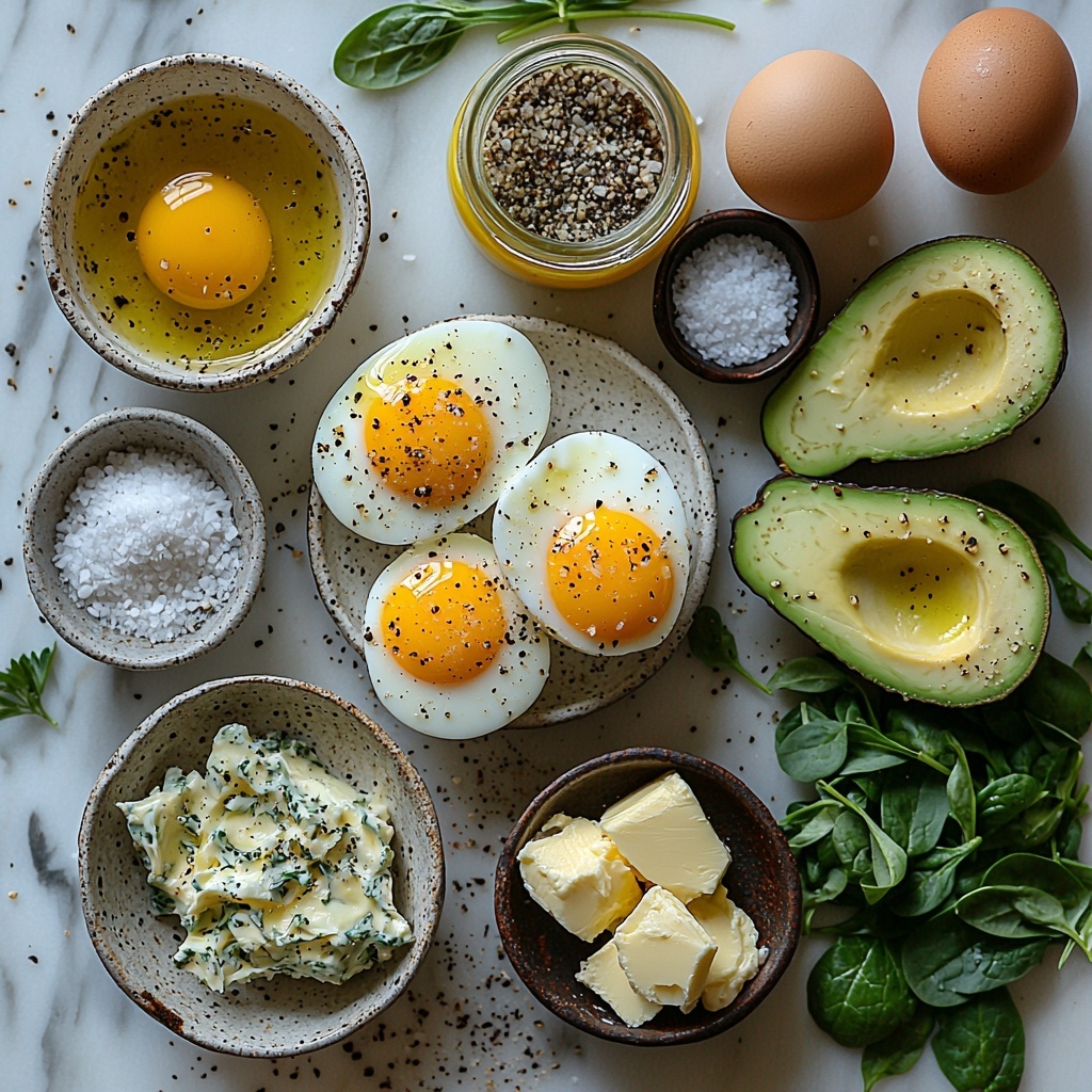 A clean white marble surface with all main ingredients neatly arranged for a vibrant flat lay: four large fresh eggs in a small rustic ceramic bowl, one tablespoon white vinegar in a clear glass jar, two golden toasted English muffin halves placed side by side, a small glass bowl with half a cup of melted unsalted butter shimmering softly, a small ramekin containing three bright orange egg yolks, a petite dish with fresh pale yellow lemon juice, a tiny salt cellar with fine white salt, a small black dish with ground black pepper, two tablespoons of glossy green capers in a shallow bowl, a bunch of finely chopped fresh bright green chives sprinkled nearby, a fan of creamy pale green avocado slices sprinkled lightly with tiny beige hemp seeds, a neat pile of fresh dark green spinach leaves, one clove of minced garlic on a small wooden cutting board, and a small bottle or bowl with golden olive oil. The arrangement balances vibrant greens, warm yellows, and natural whites, showcasing varied textures like smooth eggs, fluffy muffins, and silky melted butter. Soft natural light casts gentle shadows enhancing the freshness, with minimal props to keep the focus on ingredients. overhead shot, top down view, flat lay photography, professional food styling --ar 1:1 --q 2 --s 750 --v 6.1