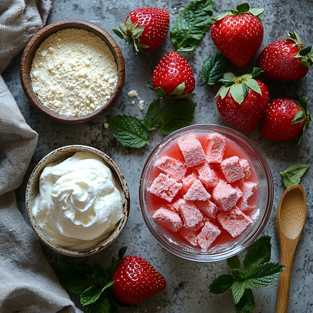 Strawberry sugar free jello mix in a small glass bowl with vibrant red powder, a clear measuring cup filled with steaming hot water creating gentle wisps of steam, a smooth white bowl of creamy plain 0% Greek yogurt with a subtle glossy texture, a scoop of light beige low carb vanilla protein powder resting elegantly on a small dish, a few fresh bright red strawberry slices with green leaves scattered artistically, and a dollop of fluffy whipped cream in a small white ramekin. All ingredients neatly arranged on a clean, matte white surface with soft natural lighting enhancing the vivid reds, creamy whites, and warm tones, gentle shadows adding depth, styled with minimal rustic props like a wooden spoon and linen napkin to add warmth and texture, emphasizing freshness and simplicity. Overhead shot, top down view, flat lay photography, professional food styling --ar 1:1 --q 2 --s 750 --v 6.1