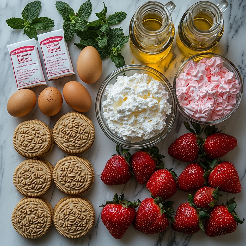 Strawberry cake mix box with eggs and vegetable oil bottles next to it, two small packets of bright pink strawberry jello, a clear glass cup of steaming boiling water, a bowl of fluffy white cool whip, scattered whole golden Oreo cookies with some crushed Oreo crumbs beside them, a small dish of melted golden butter, and a cluster of fresh vibrant red strawberries with green leaves, all arranged neatly and spaced out on a clean white marble surface. Soft natural light highlights the contrasting textures: powdery cake mix, glossy jello packets, smooth cool whip, crumbly cookie crumbs, and juicy strawberries. Minimalist styling with a few small sprigs of fresh mint for color accent, shadows are soft and diffused, creating an inviting and fresh atmosphere. Overhead shot, top down view, flat lay photography, professional food styling --ar 1:1 --q 2 --s 750 --v 6.1