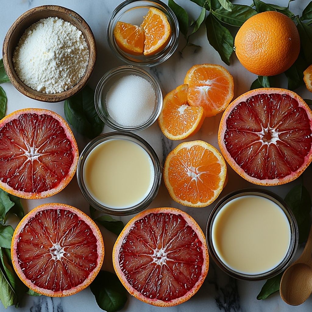 blood orange panna cotta ingredients flat lay: fresh blood oranges, halved and whole with vibrant deep red and orange hues; small glass bowl with bright blood orange juice; teaspoons and small bowls holding unflavored powdered gelatin with fine white powder texture; heavy cream in a clear glass measuring cup showing smooth, creamy white liquid; granulated sugar in a small rustic ceramic bowl, sparkling white crystals catching light; fresh blood orange zest scattered lightly on a clean white surface adding bright orange flecks; a small bowl of boiling water with gentle steam rising; wooden spoon and delicate whisk placed casually beside ingredients; arranged neatly on a minimalistic clean white marble surface with soft natural daylight casting gentle shadows, highlighting vivid colors and varied textures; subtle hints of citrus leaves for a fresh touch; overhead shot, top down view, flat lay photography, professional food styling --ar 1:1 --q 2 --s 750 --v 6.1