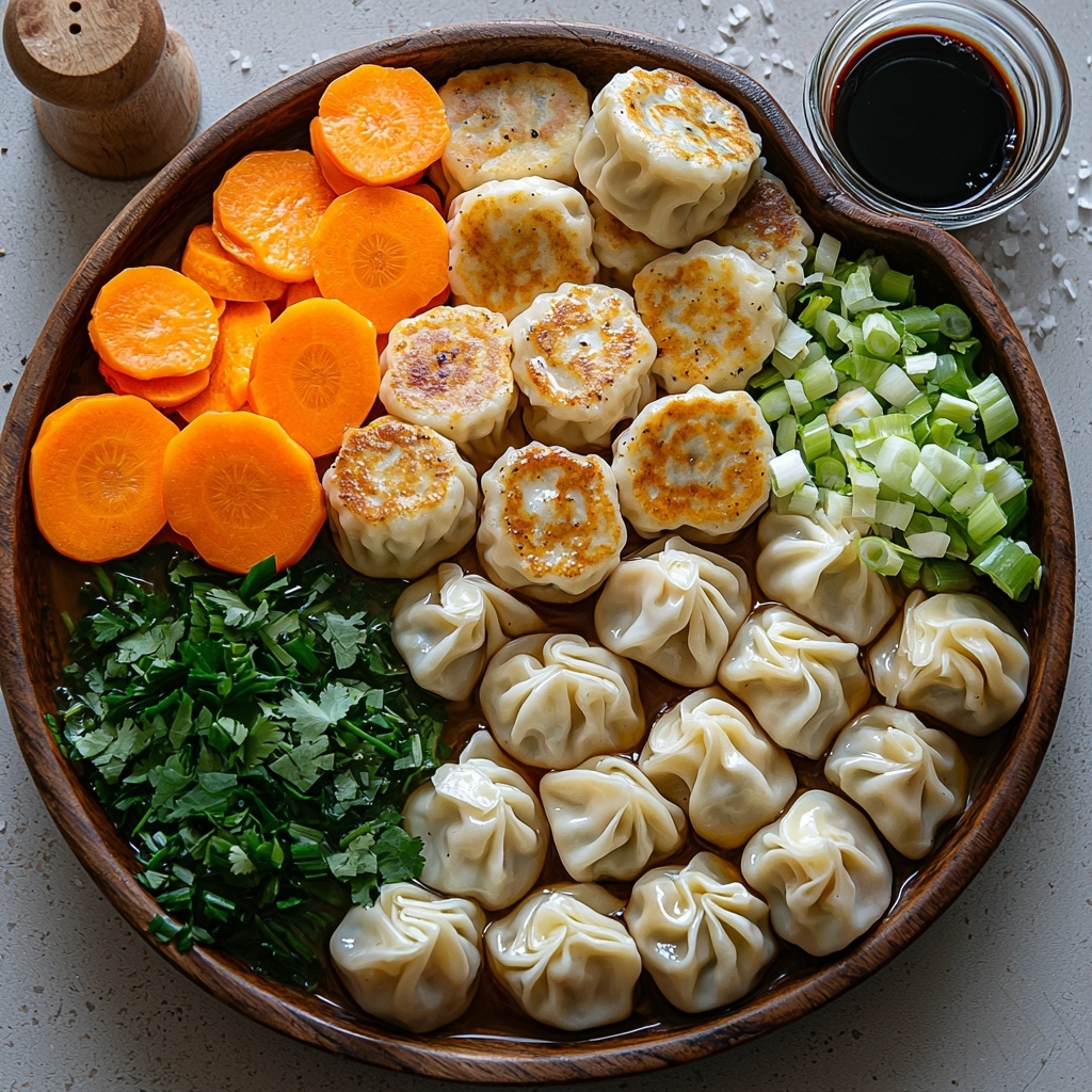 a neatly arranged flat lay of potsticker soup ingredients on a clean white surface: a rustic wooden bowl filled with frozen potstickers showing their golden-brown pan-fried bottoms, a small ceramic dish of dark amber soy sauce, a tiny glass jar of glossy sesame oil, a piece of fresh pale beige ginger root partially grated with fine texture, two peeled garlic cloves alongside freshly minced garlic, a vibrant pile of mixed vegetables including bright green bok choy leaves, thinly sliced orange carrots, and earthy brown mushrooms, a clear measuring cup of translucent golden chicken or vegetable broth, thinly sliced bright green onions fanned out elegantly, sprigs of fresh green cilantro with delicate leaves, a small white bowl of coarse salt and a pepper grinder nearby. The ingredients are spaced evenly with soft natural light coming from the side, creating subtle shadows and highlighting the textures and colors, styled with minimalist props and a touch of rustic charm, overhead shot, top down view, flat lay photography, professional food styling --ar 1:1 --q 2 --s 750 --v 6.1