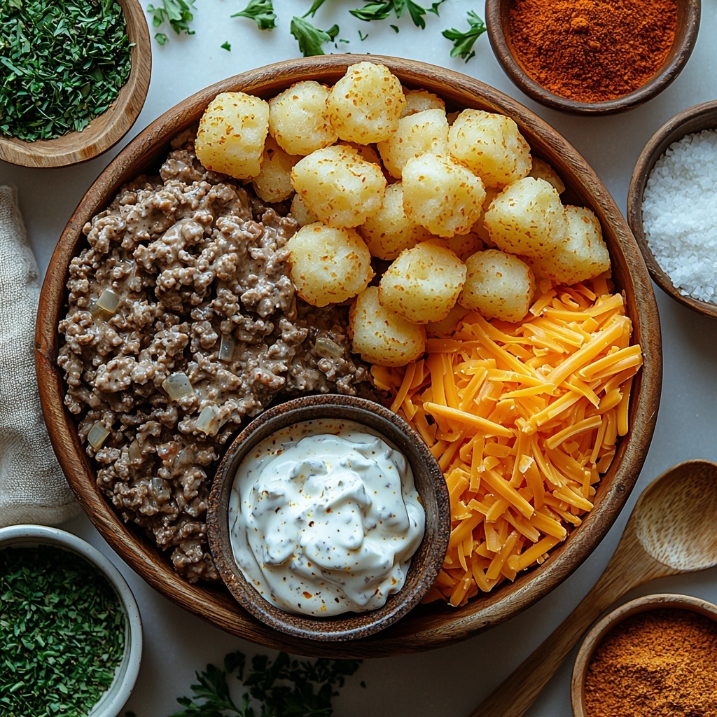 A clean white surface with raw ground beef in a small rustic bowl, a can of cream of mushroom soup partially opened showing creamy texture, a dollop of sour cream on a small ceramic spoon, finely diced raw onion scattered neatly beside a wooden spoon, two piles of shredded bright orange cheddar cheese – one larger and one smaller – with soft, fluffy texture; a neat stack of golden frozen tater tots with crispy, ridged texture; small bowls containing salt, pepper, and assorted spices like paprika and garlic powder in warm reddish-brown and earthy tones; subtle natural lighting highlighting the vibrant colors and varied textures, shadows soft and inviting, minimal props with earth-toned linen napkin and vintage measuring spoons arranged artfully around the ingredients for a cozy, homey feel, overhead shot, top down view, flat lay photography, professional food styling --ar 1:1 --q 2 --s 750 --v 6.1
