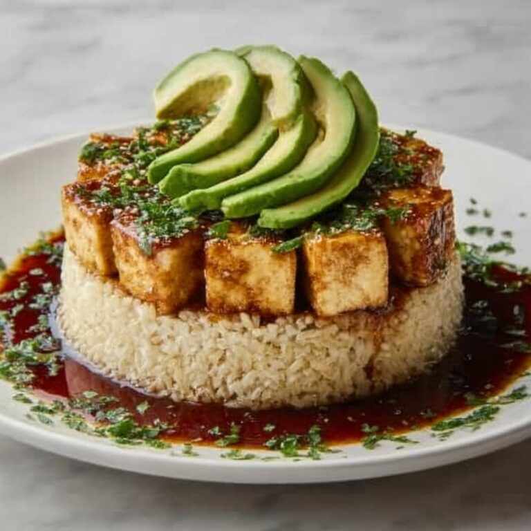 Crispy Teriyaki Tofu & Avocado Rice Stack Recipe