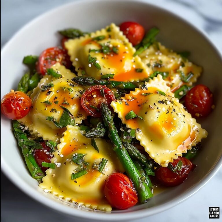 Ravioli with Tomatoes, Asparagus, Garlic, and Herbs Recipe